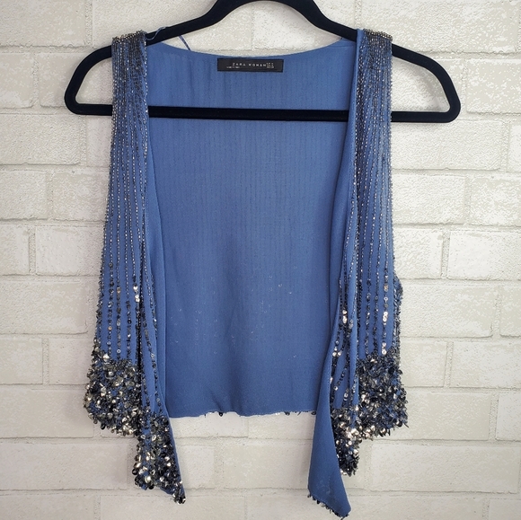 Zara Jackets & Blazers - Zara Women Blue Sequins Beaded Vest